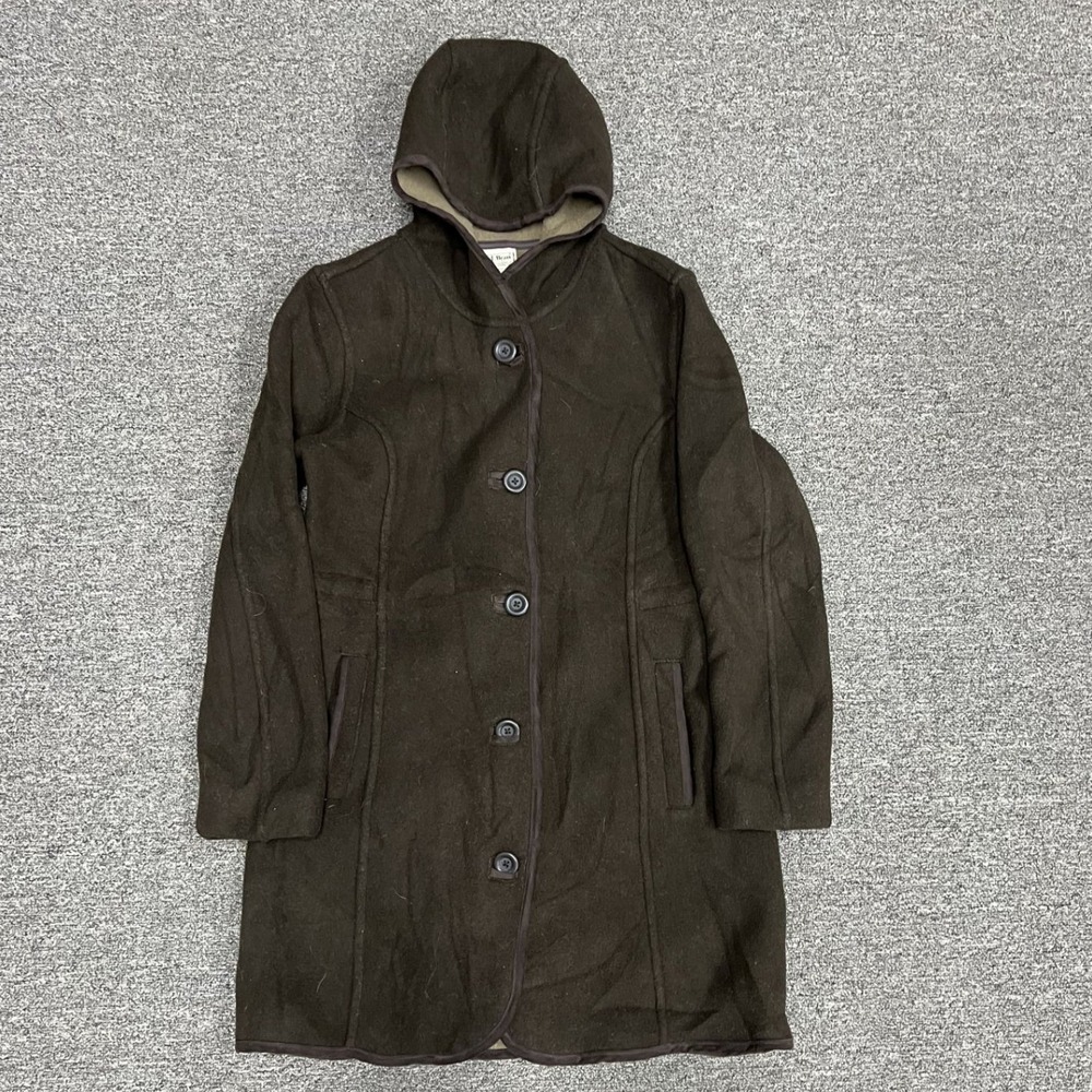 L.L. Bean Hooded Fleece Coat Womens Small Brown Button Front Long Jacket 276585